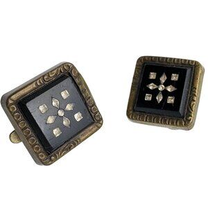 Brass & Black Enamel Cufflinks With Inlaid Floral Design Finger Prong Vintage